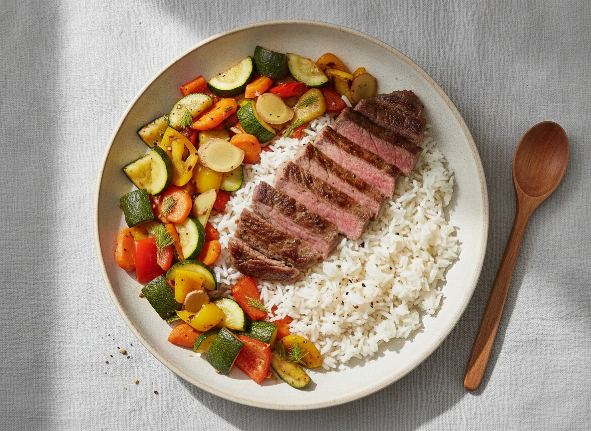 Rindfleisch mit Reis und gemischtem Gemüse photo
