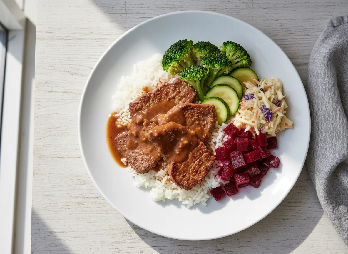 Rindfleisch mit Reis und Gemüse photo