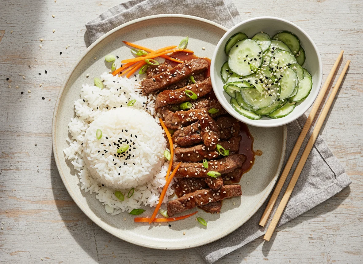 Rindfleisch mit Reis und Gurkensalat photo
