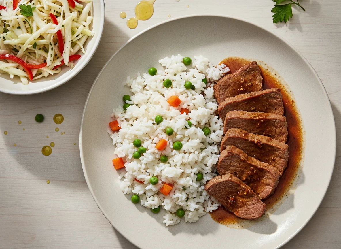 Rindfleisch mit Reis und Krautsalat photo