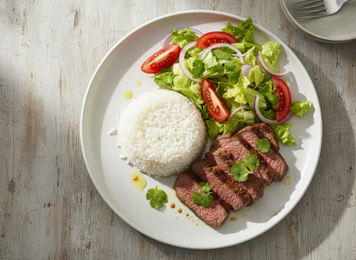 Rindfleisch mit Reis und Salat photo