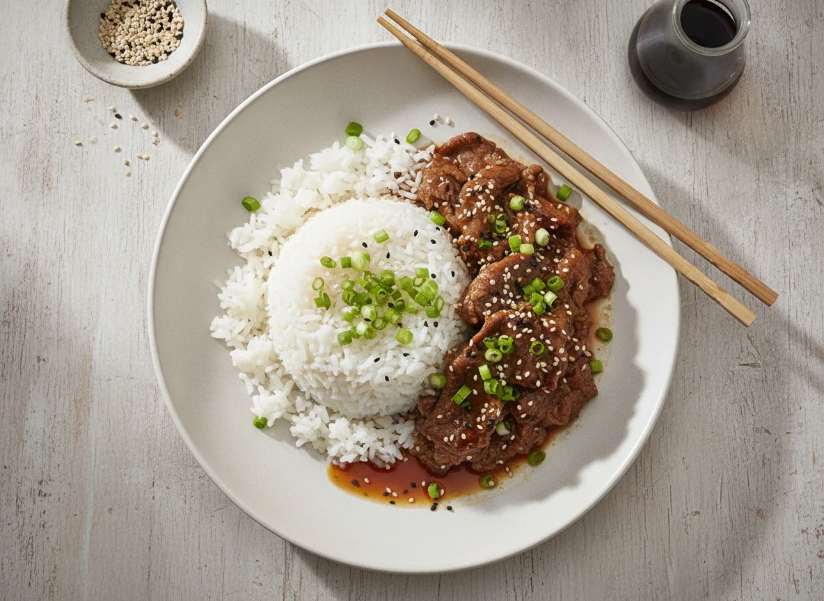 Rindfleisch mit Reis und Sesam photo