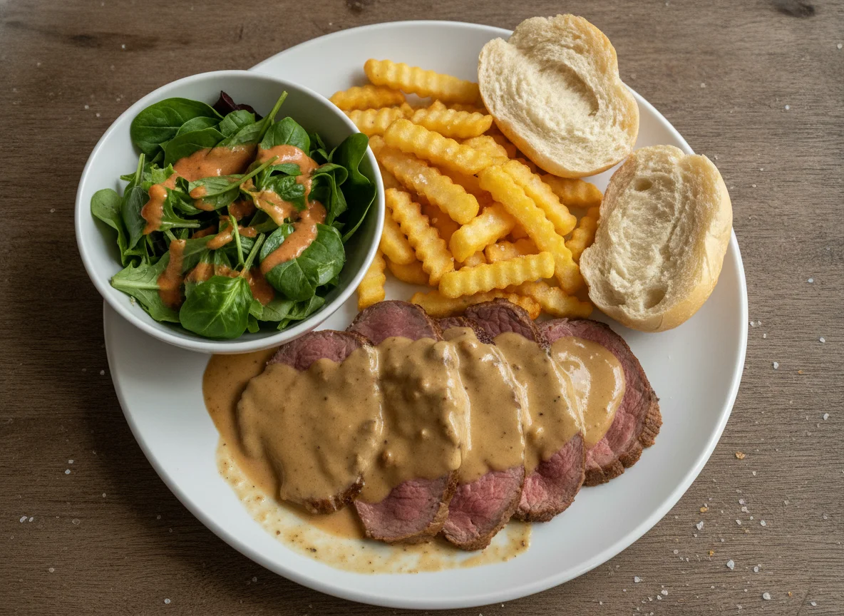 Rindfleisch mit Sauce, Pommes Frites, Salat und Brot photo