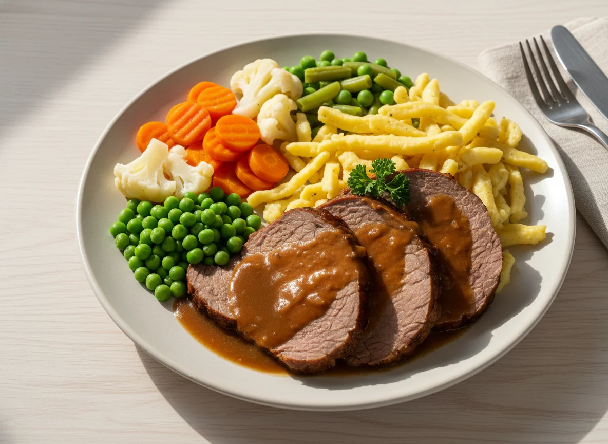 Rindfleisch mit Spätzle und Gemüse photo