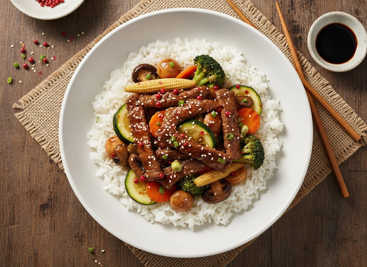 Rindfleisch mit Wok-Gemüse und Reis photo