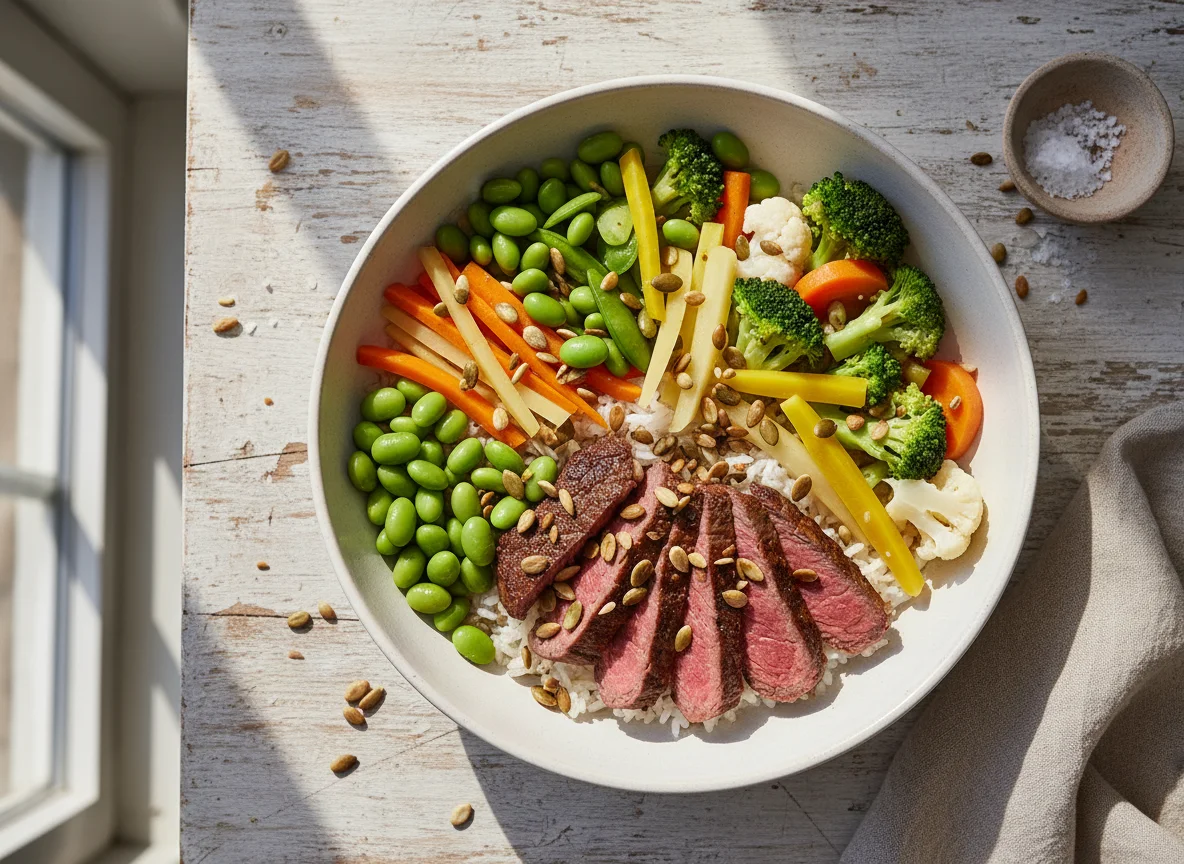 Rindfleisch-Bowl mit Gemüse und Kürbiskernen photo