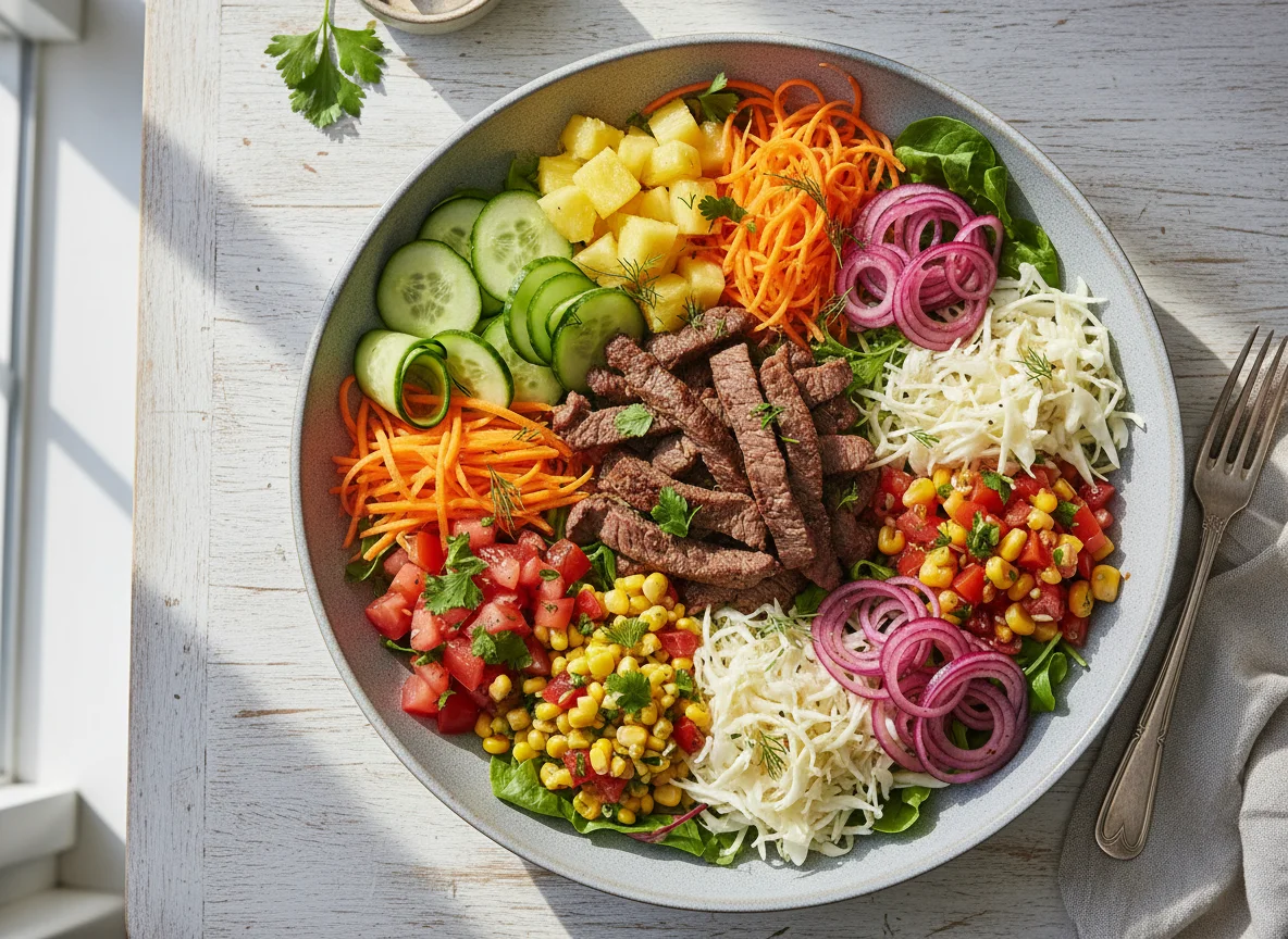 Rindfleisch-Bowl mit verschiedenen Salaten photo