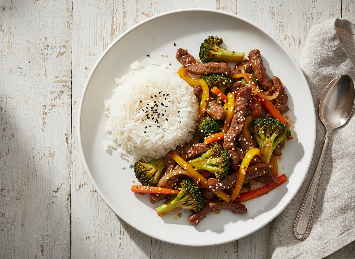 Rindfleisch-Brokkoli-Pfanne mit Reis photo