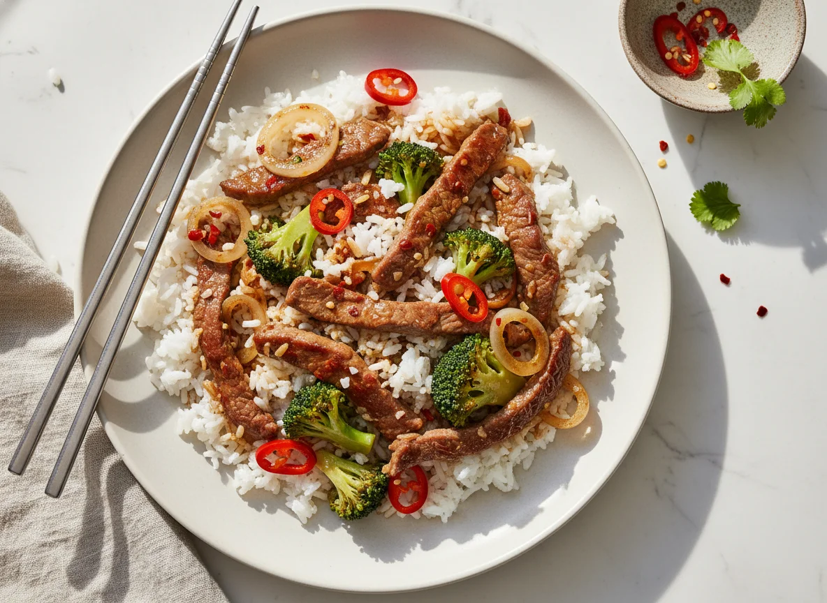 Rindfleisch-Brokkoli-Reis-Pfanne photo