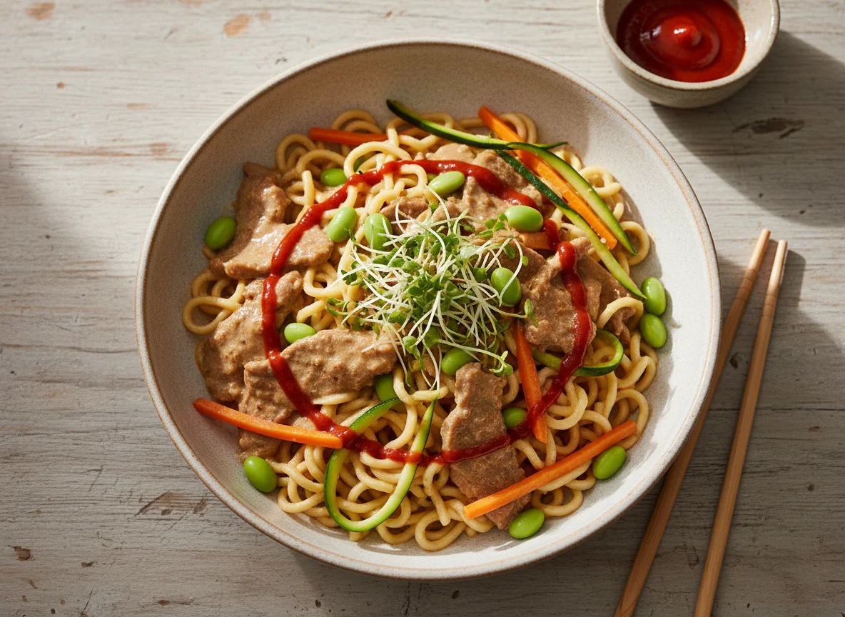 Rindfleisch-Curry mit Nudeln und Edamame photo