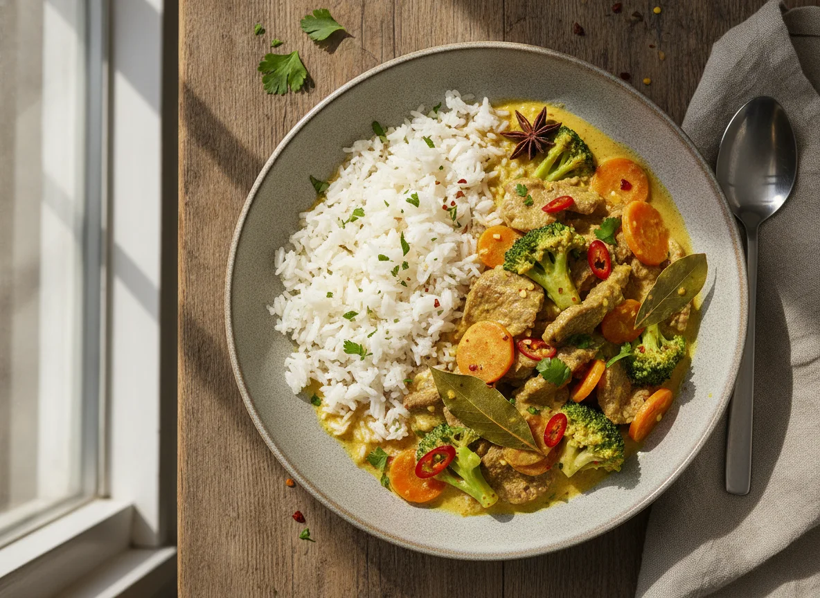 Rindfleisch-Curry mit Reis und Gemüse photo