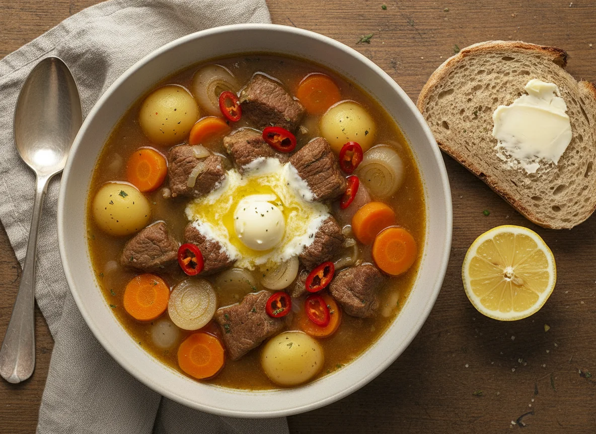 Rindfleischeintopf mit Brot und Zitrone photo