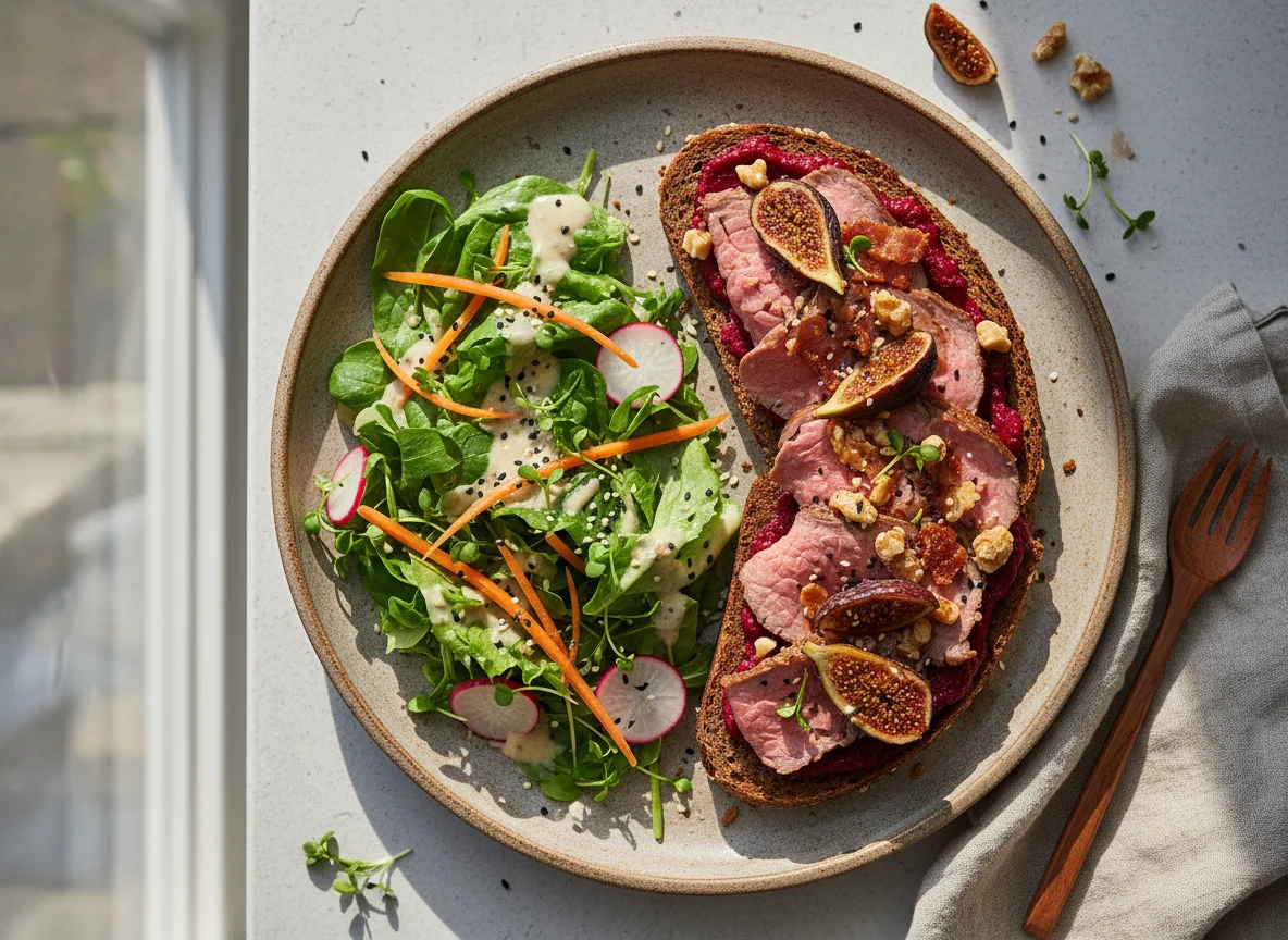 Rindfleisch-Feigen-Walnuss-Brot mit Salat photo