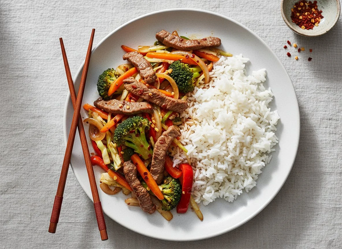 Rindfleisch-Gemüse-Pfanne mit Reis photo