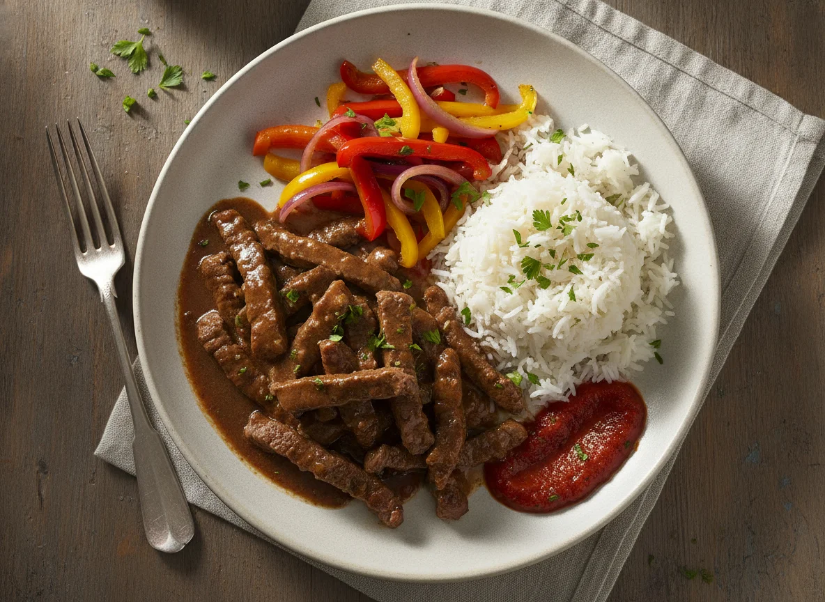 Rindfleisch-Geschnetzeltes mit Reis und Gemüse photo