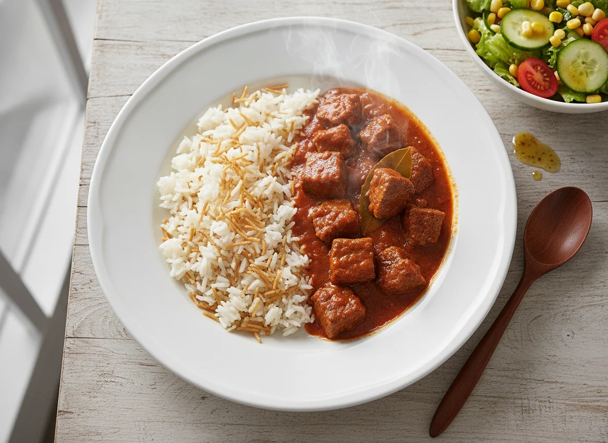 Rindfleisch-Gulasch mit Reis und gemischtem Salat photo