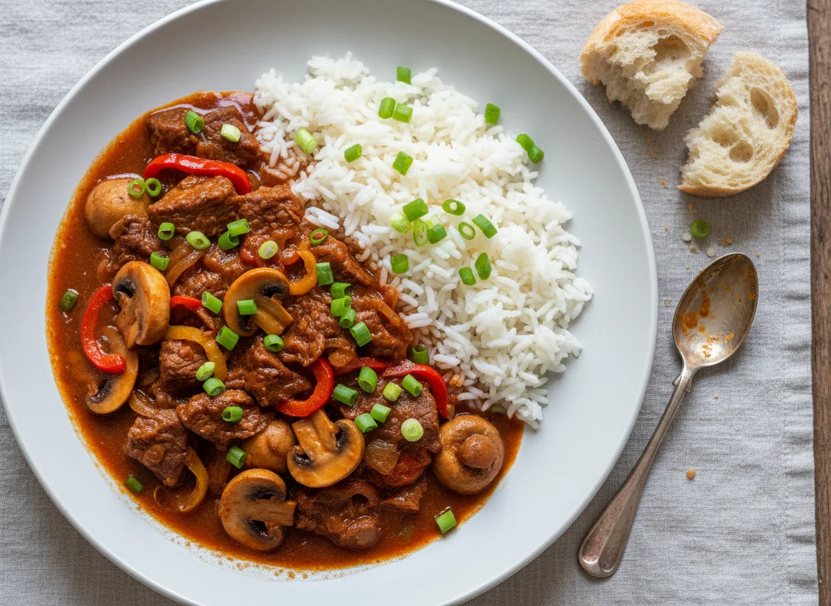 Rindfleischgulasch mit Reis und Pilzen photo