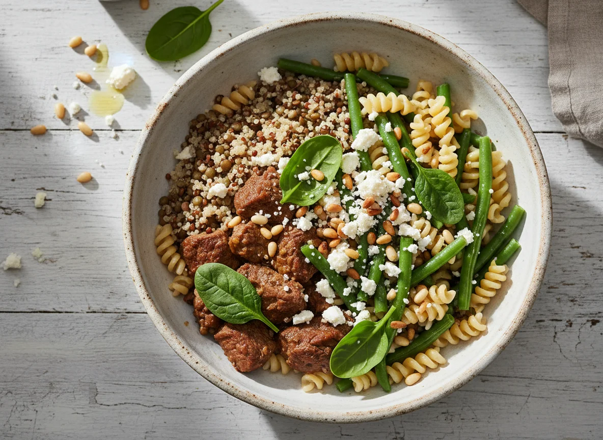 Rindfleisch-Linsen-Bowl mit Orzo und Bohnen photo
