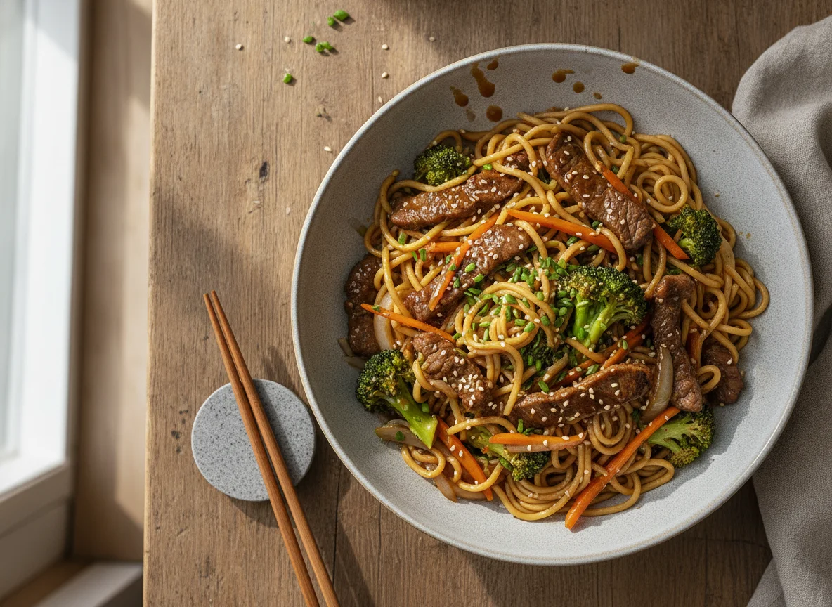 Rindfleisch-Nudeln mit Gemüse photo
