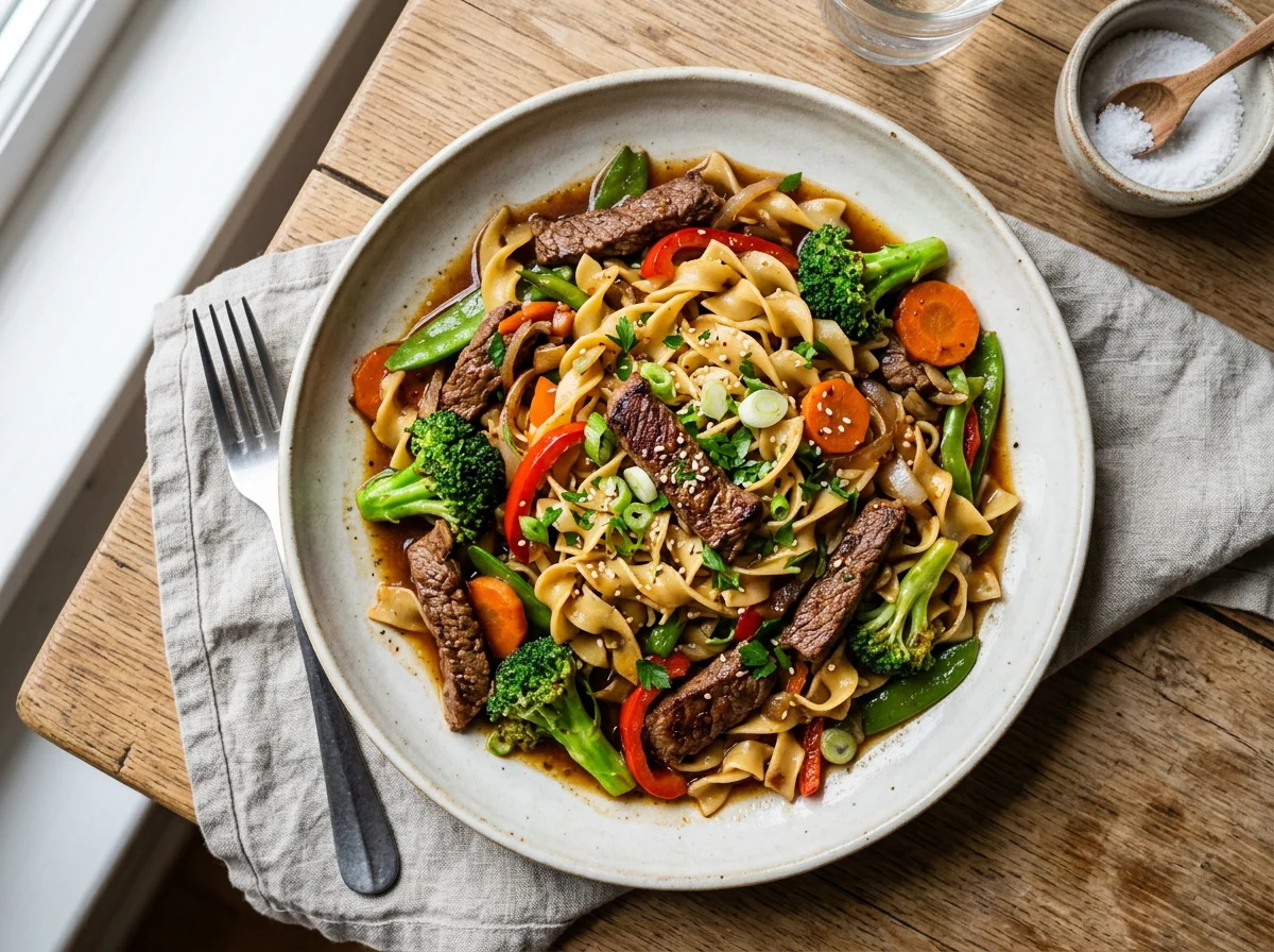 Rindfleisch-Nudelpfanne mit Gemüse photo