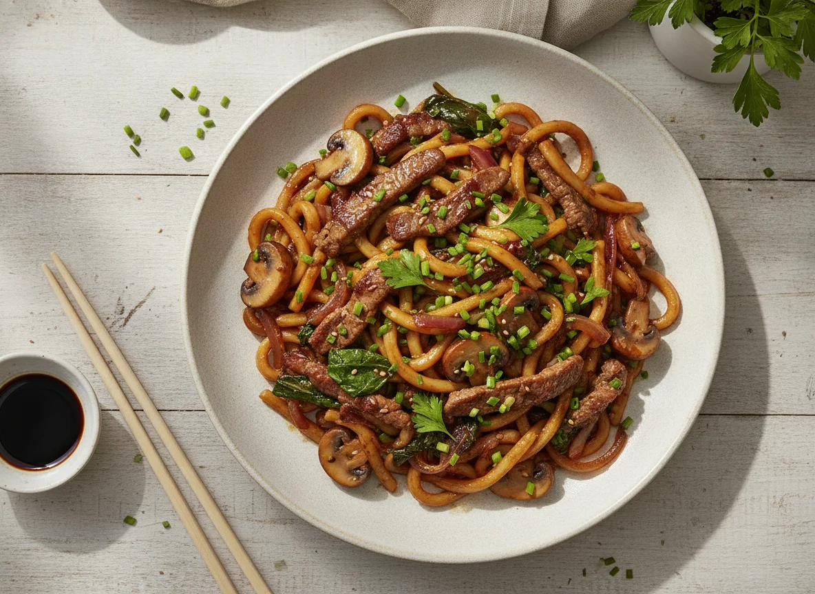 Rindfleisch-Nudelpfanne mit Pilzen photo