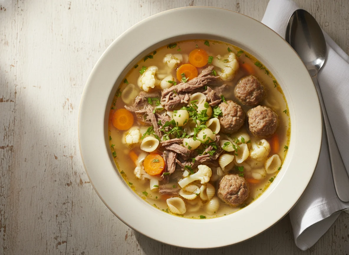 Rindfleisch-Nudelsuppe mit Gemüse photo