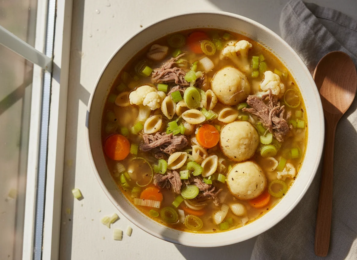 Rindfleisch-Nudelsuppe mit Gemüse und Klößen photo