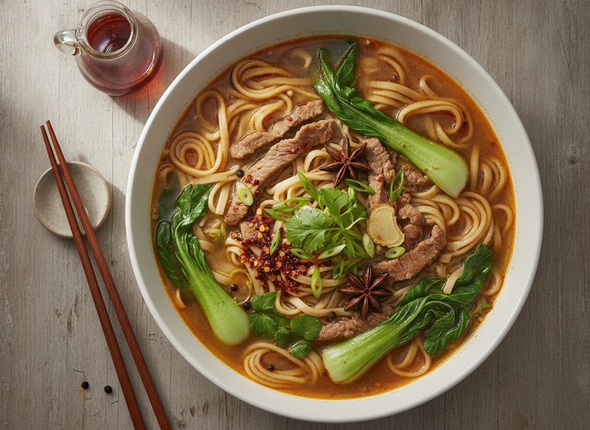 Rindfleisch-Nudelsuppe mit Pak Choi photo