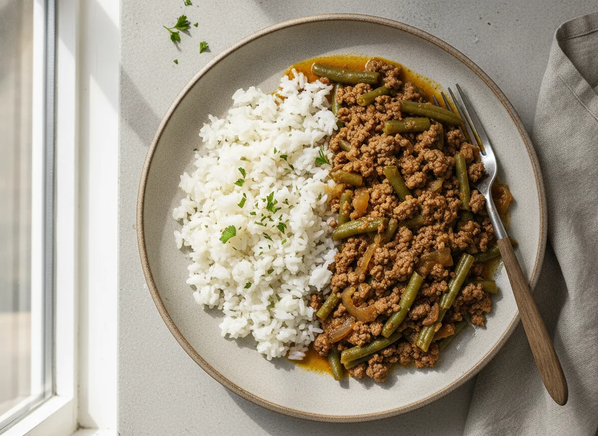 Rindfleisch-Pfanne mit grünen Bohnen und Reis photo