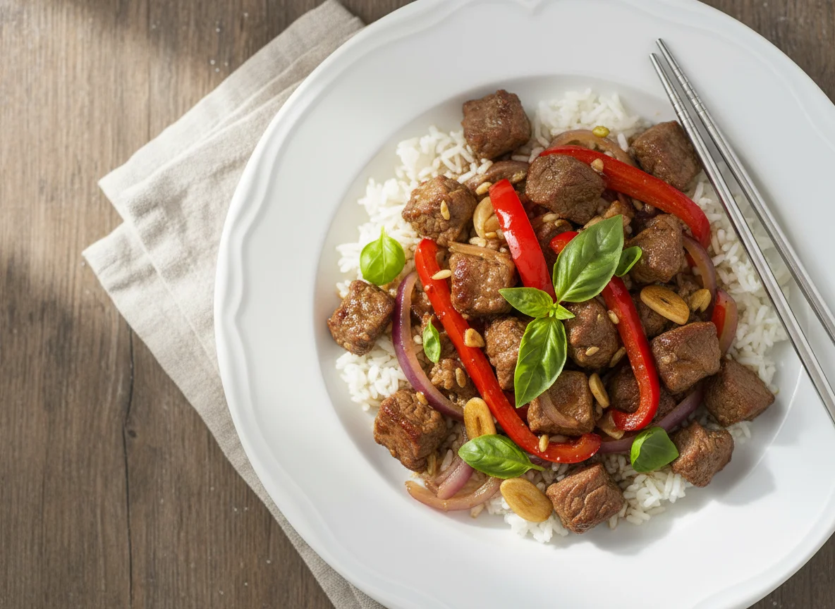 Rindfleisch-Pfanne mit Reis photo