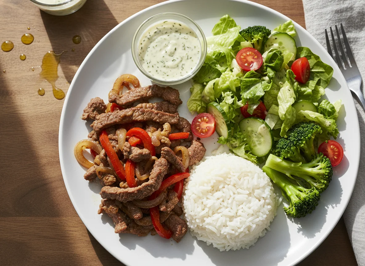 Rindfleischpfanne mit Reis, Brokkoli und Salat photo