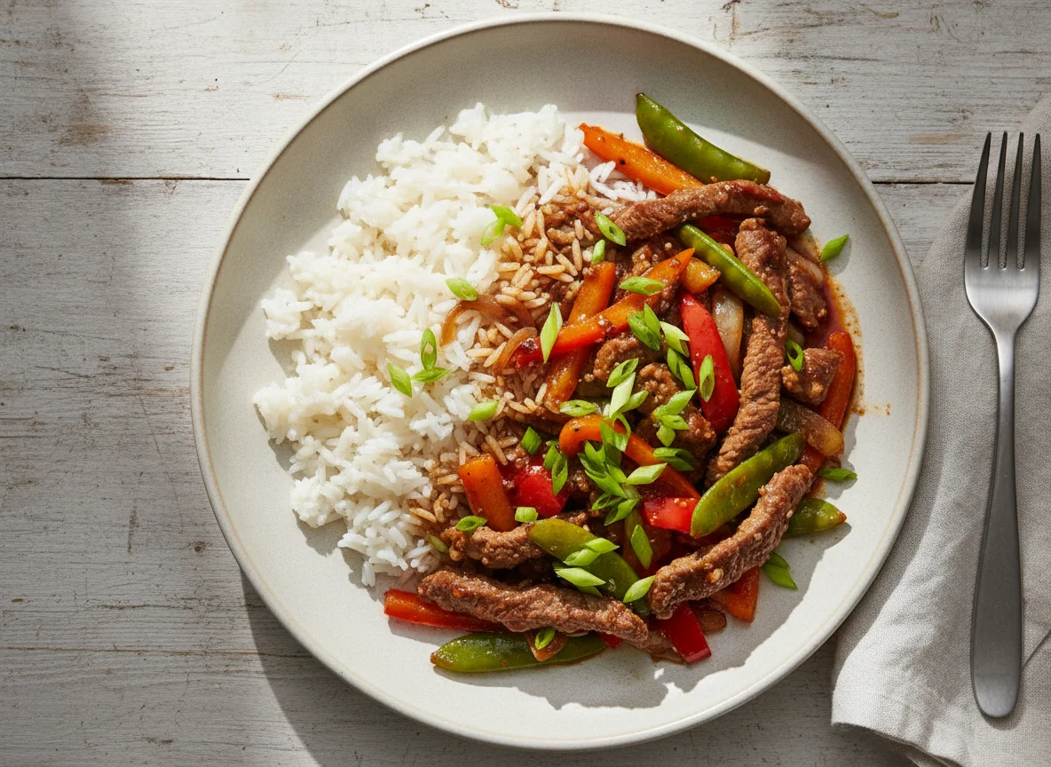 Rindfleisch-Pfanne mit Reis und Gemüse photo