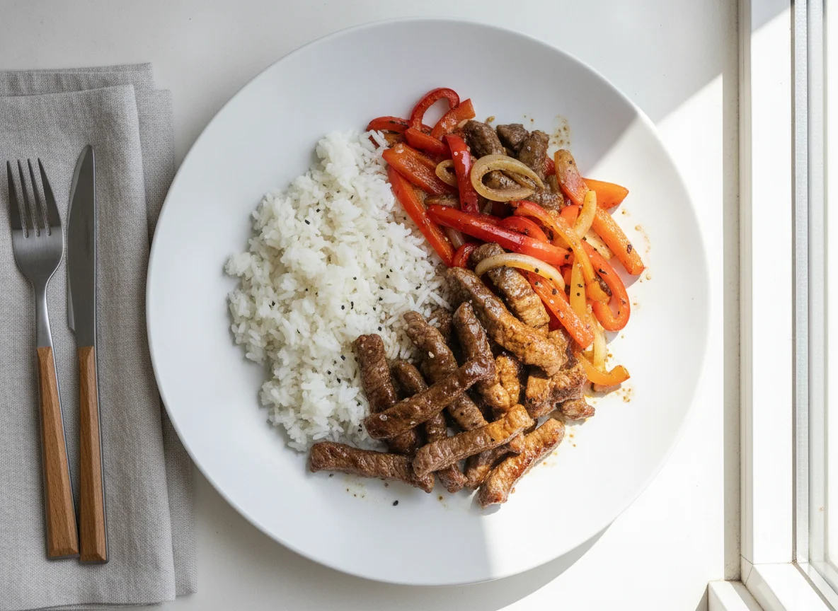Rindfleisch-Pfanne mit Reis und Paprika photo