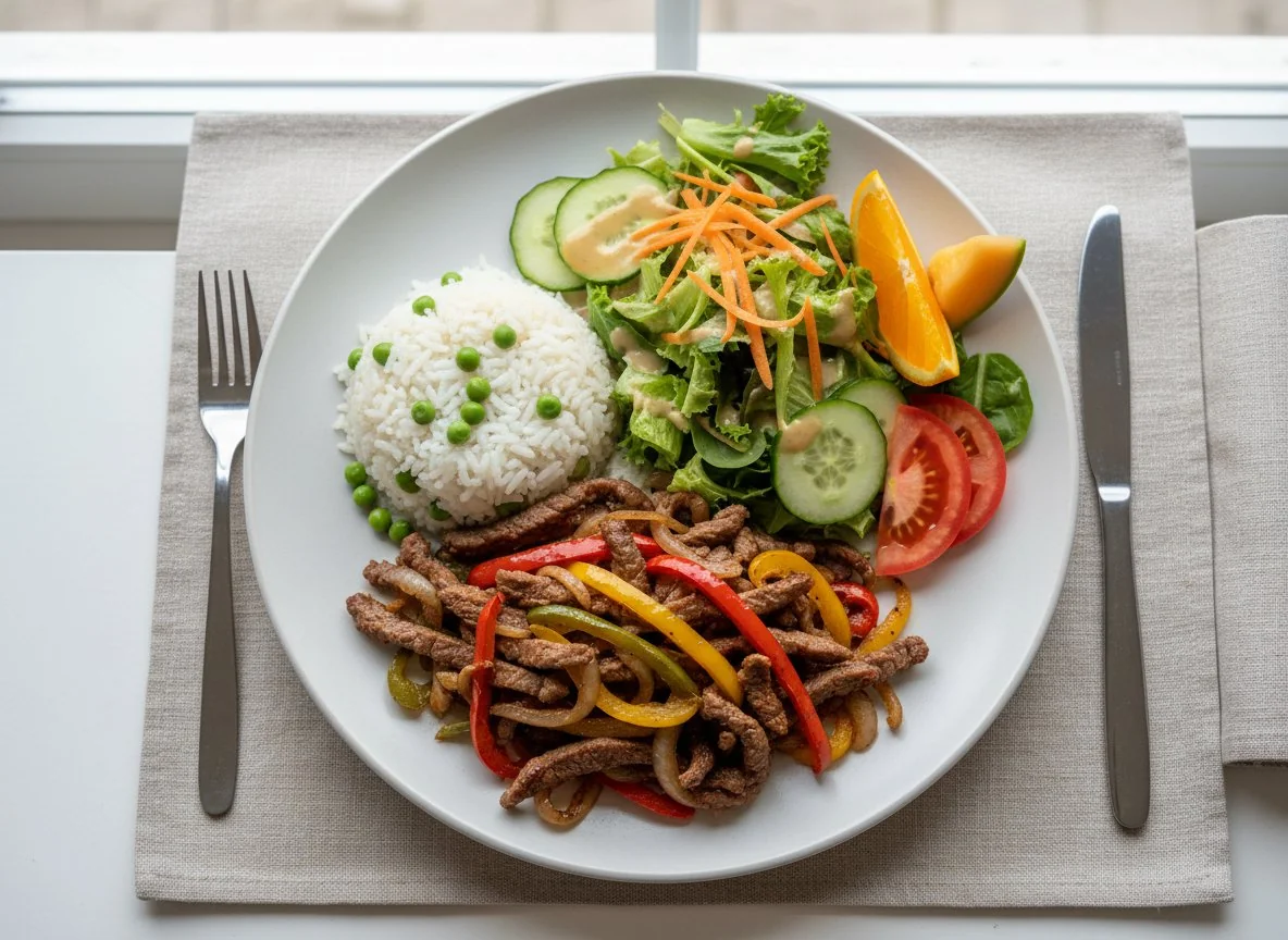 Rindfleischpfanne mit Reis und Salat photo