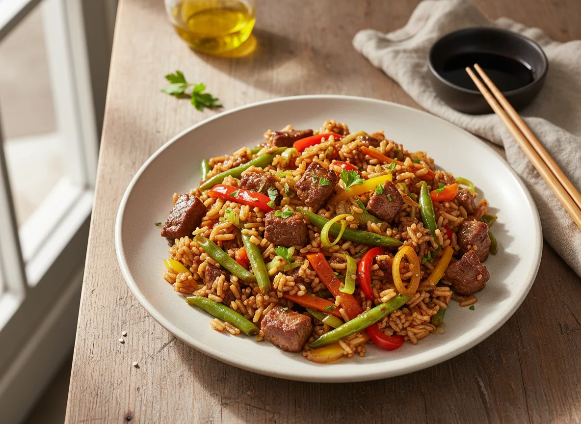 Rindfleisch-Reis-Pfanne mit Gemüse photo