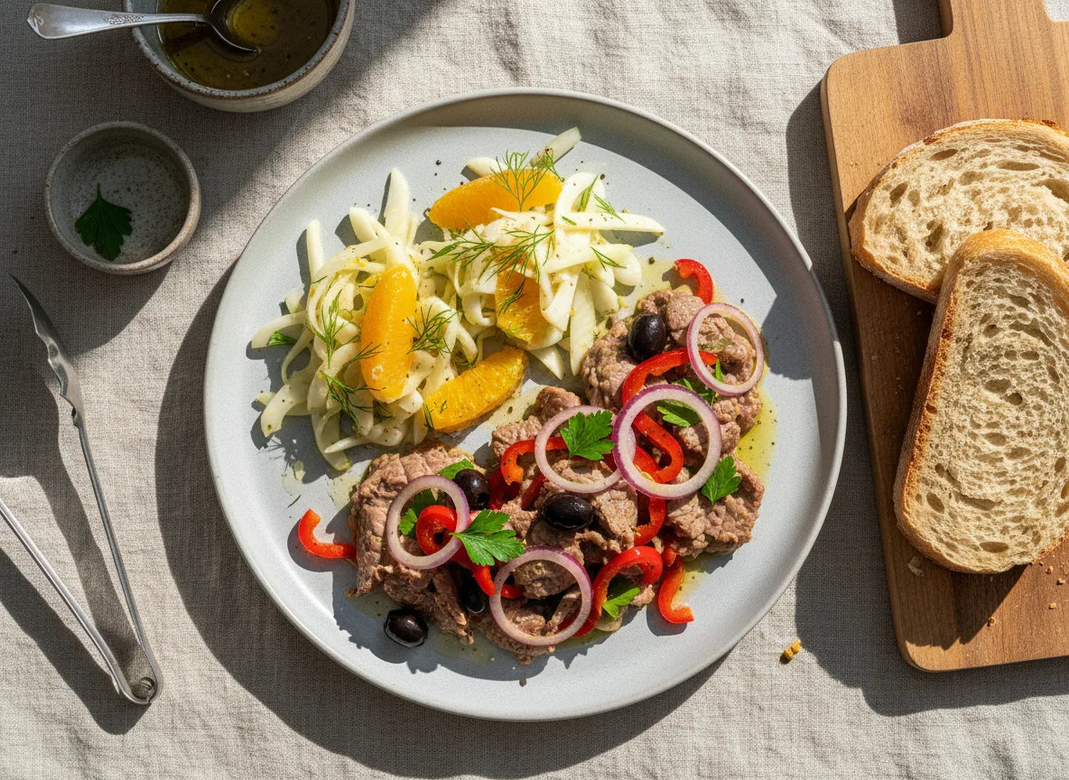 Rindfleischsalat mit Fenchel-Orangensalat und Brot photo