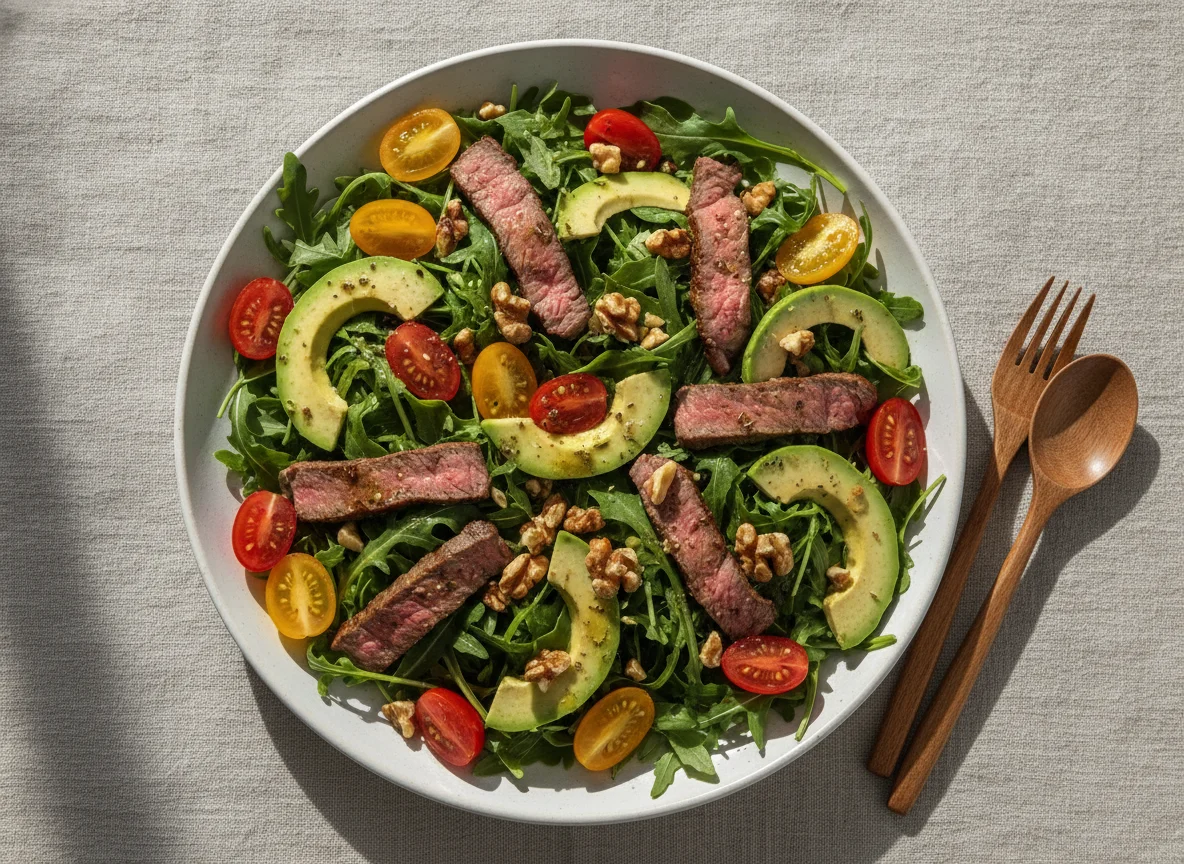 Rindfleischsalat mit Rucola, Tomate und Avocado photo