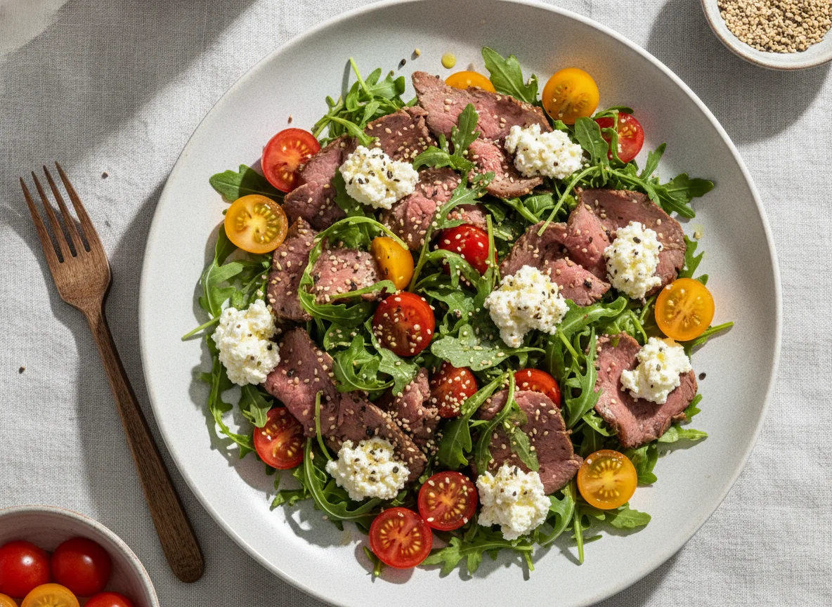 Rindfleischsalat mit Rucola, Tomaten und Hüttenkäse photo