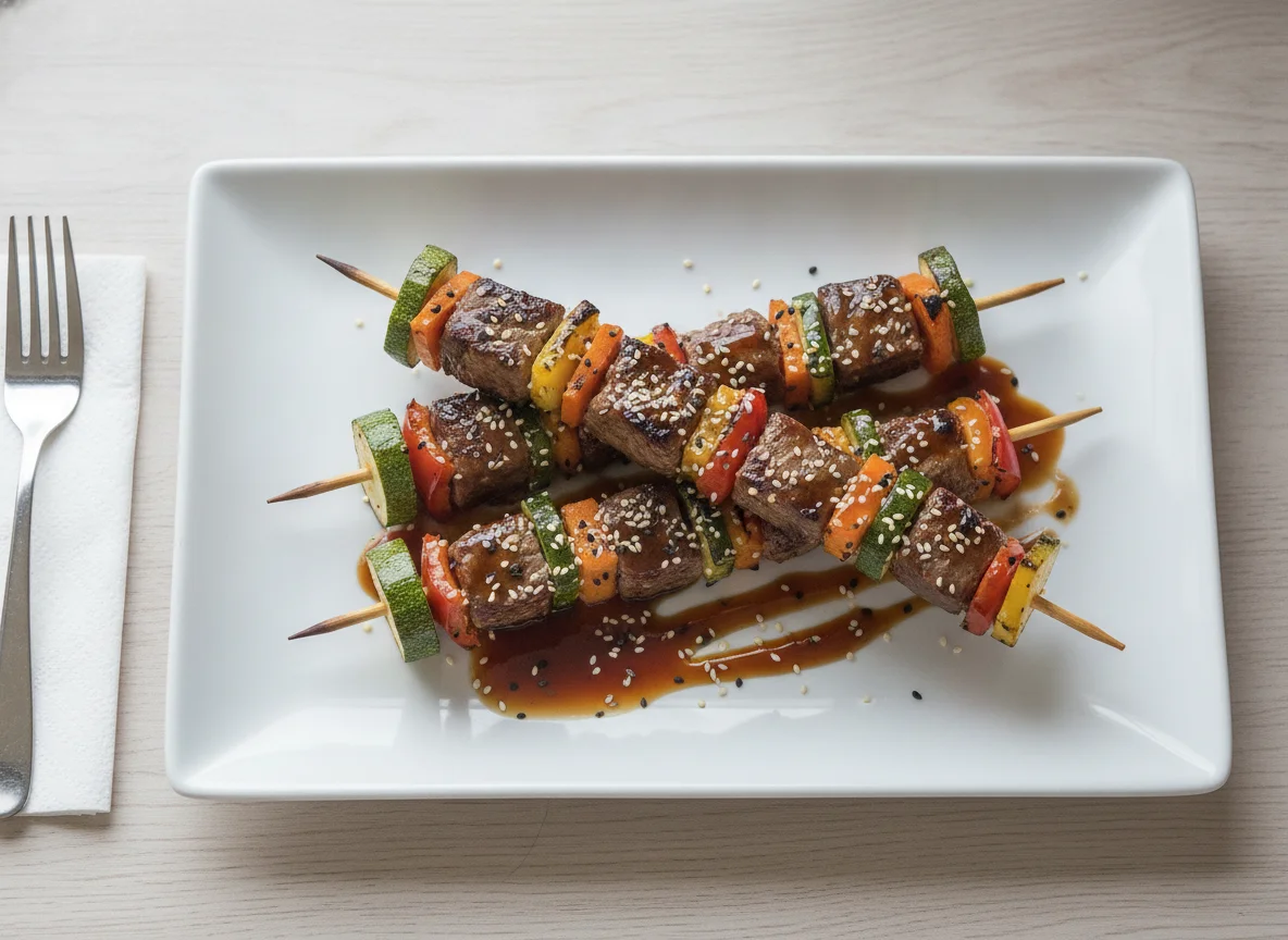 Rindfleischspieße mit Gemüse und Teriyaki-Sauce photo