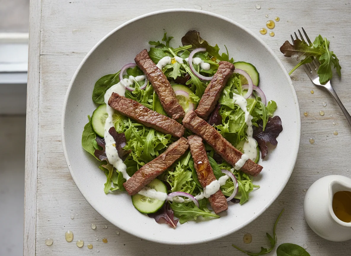 Rindfleischstreifen auf gemischtem Salat photo