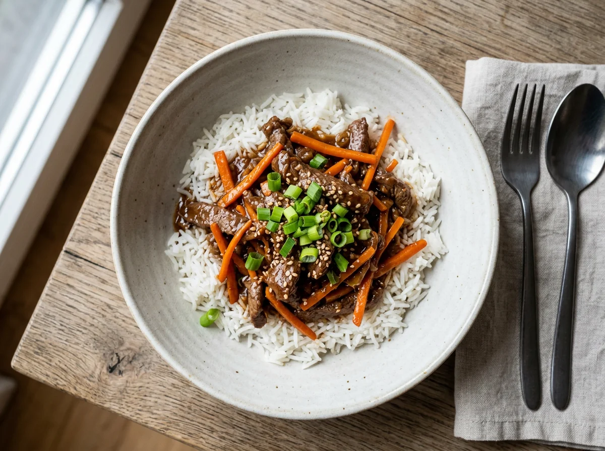 Rindfleischstreifen mit Reis und Karotten photo
