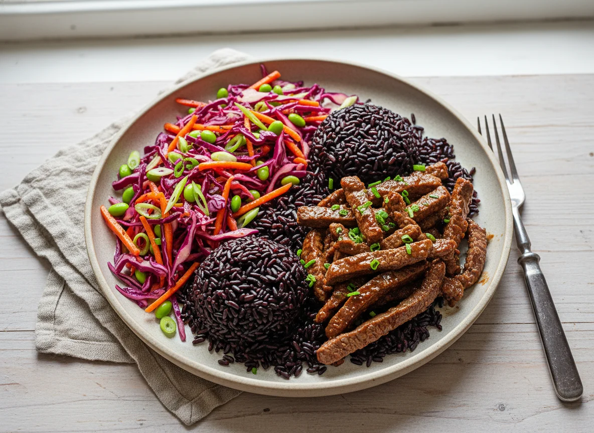 Rindfleischstreifen mit schwarzem Reis und Krautsalat photo