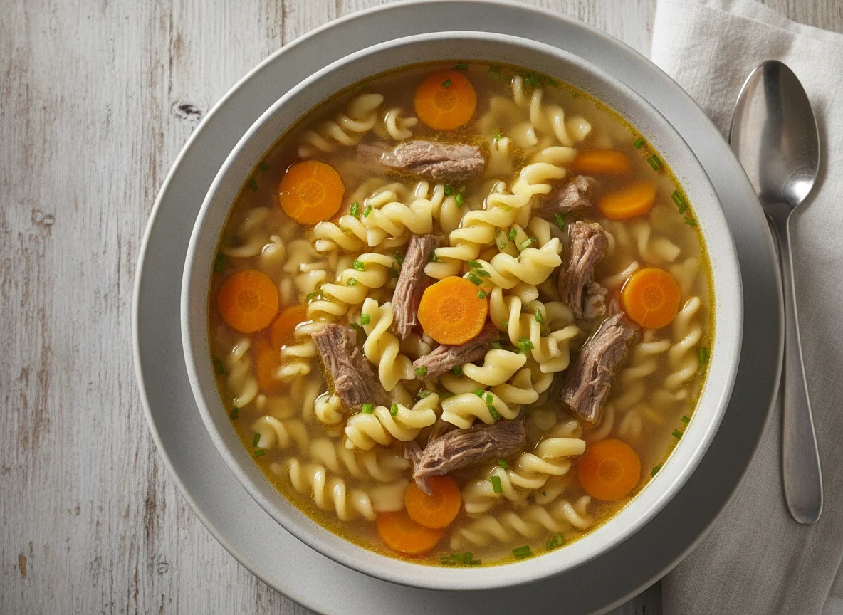 Rindfleischsuppe mit Nudeln und Karotten photo