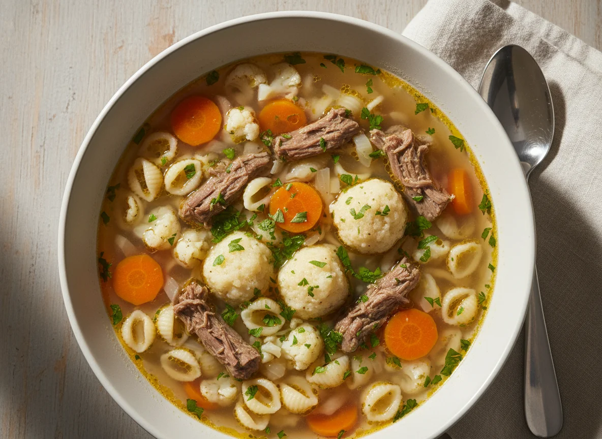 Rindfleischsuppe mit Nudeln und Klößchen photo