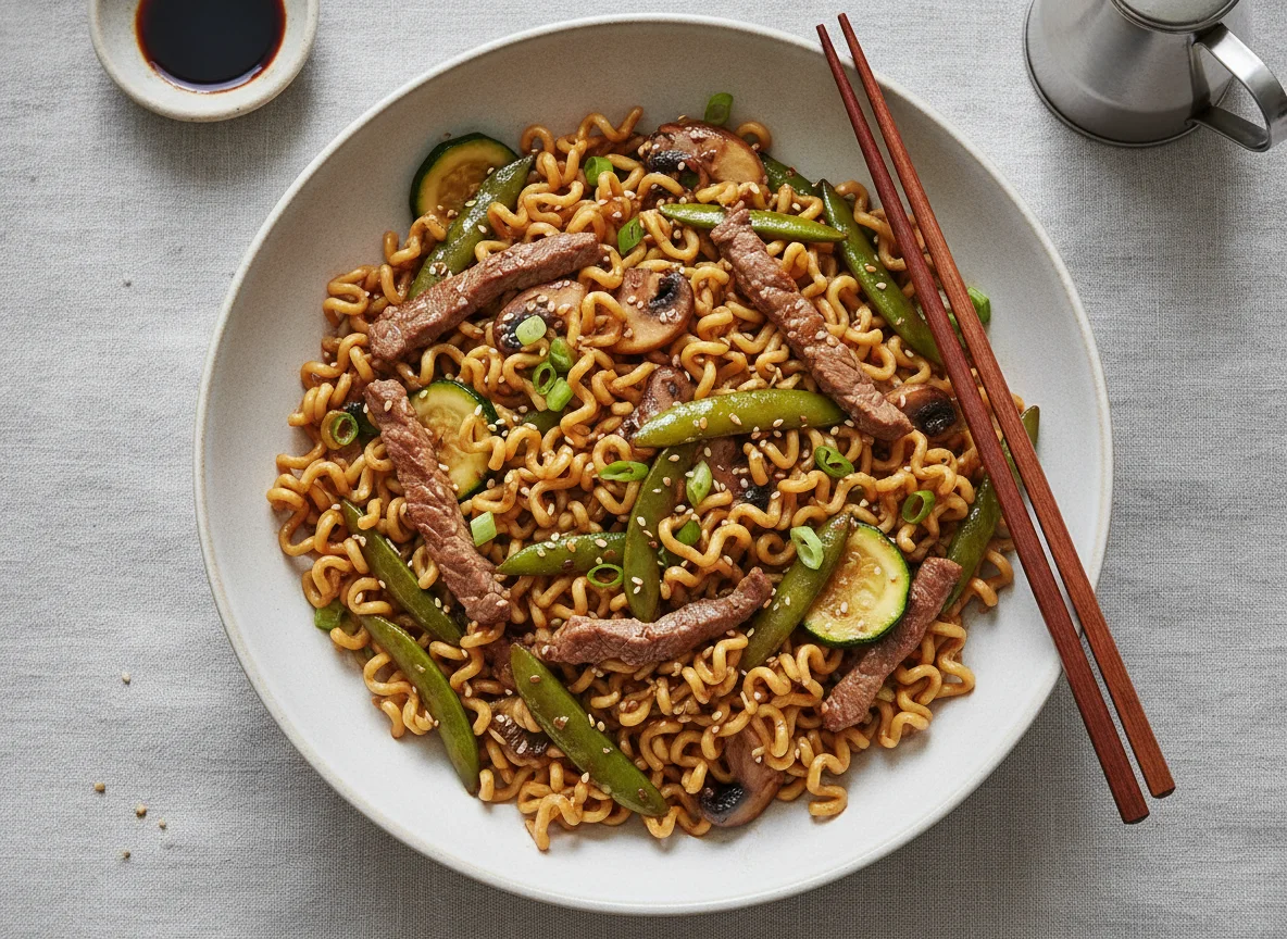 Rindfleisch-Wok mit Eiernudeln und Gemüse photo