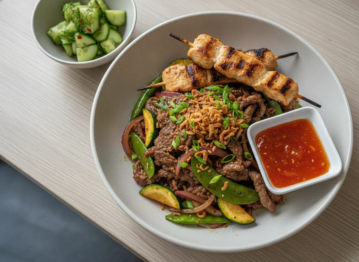 Rindfleisch-Wok mit Gemüse und Hähnchenspießen photo