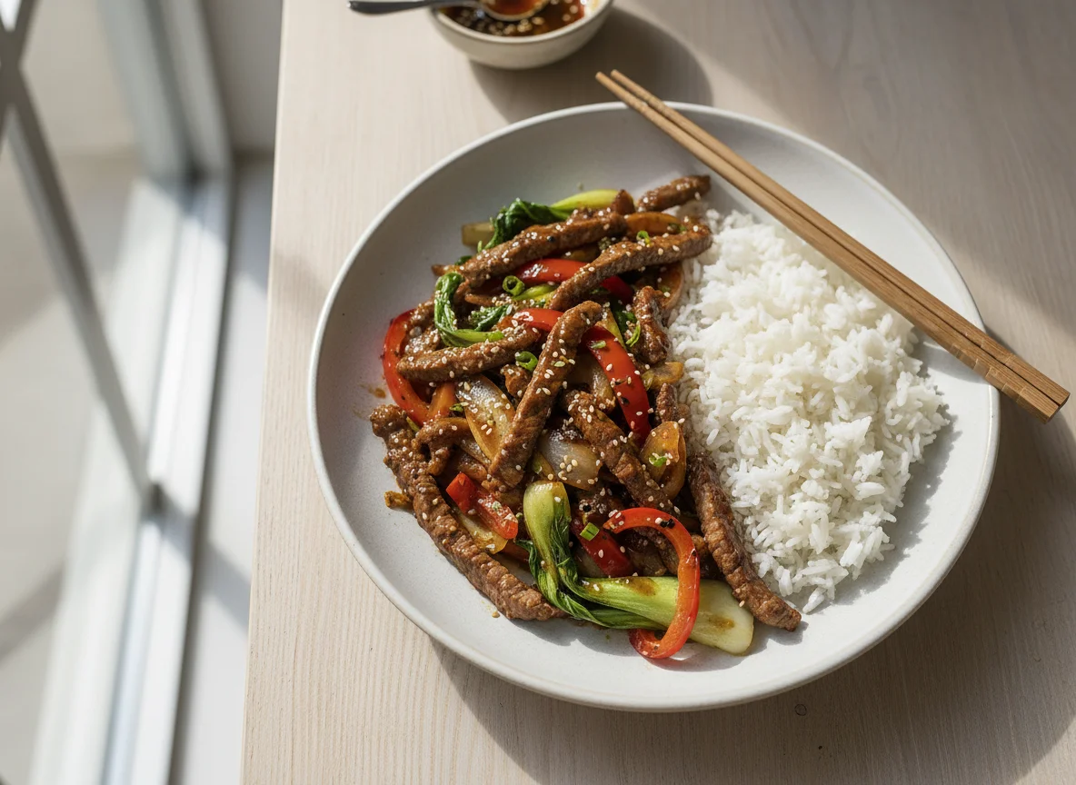 Rindfleisch-Wok mit Reis photo