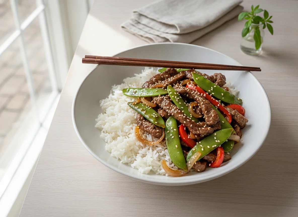 Rindfleisch-Wok mit Reis und Gemüse photo