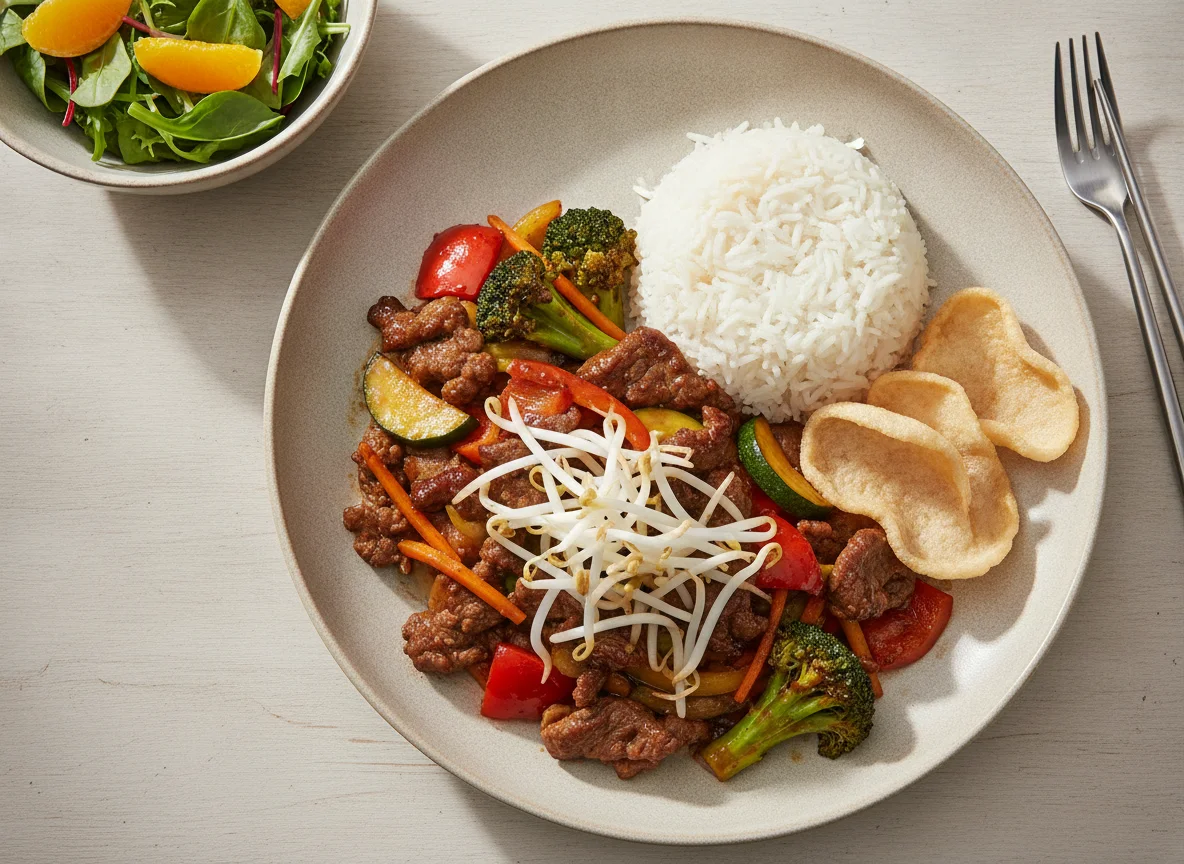 Rindfleisch-Wok mit Reis und Salat photo