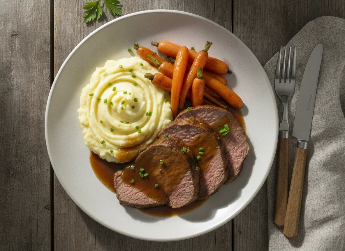 Rindsbraten mit Kartoffelstock und Karotten photo